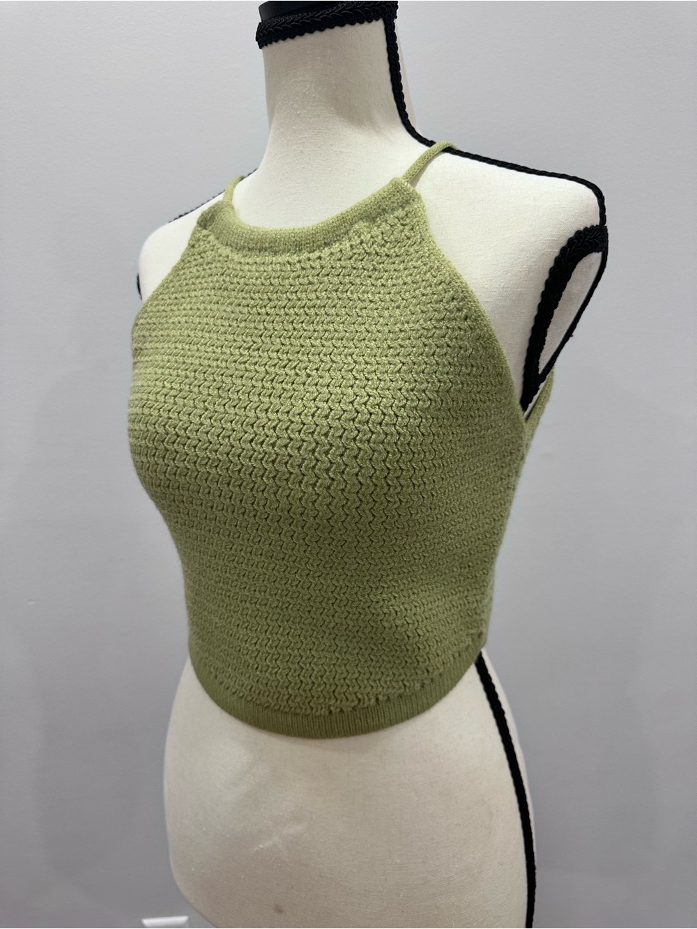Handmade Sage Green Sweater Knit Halter Crop Tank Top Size Small Handknit